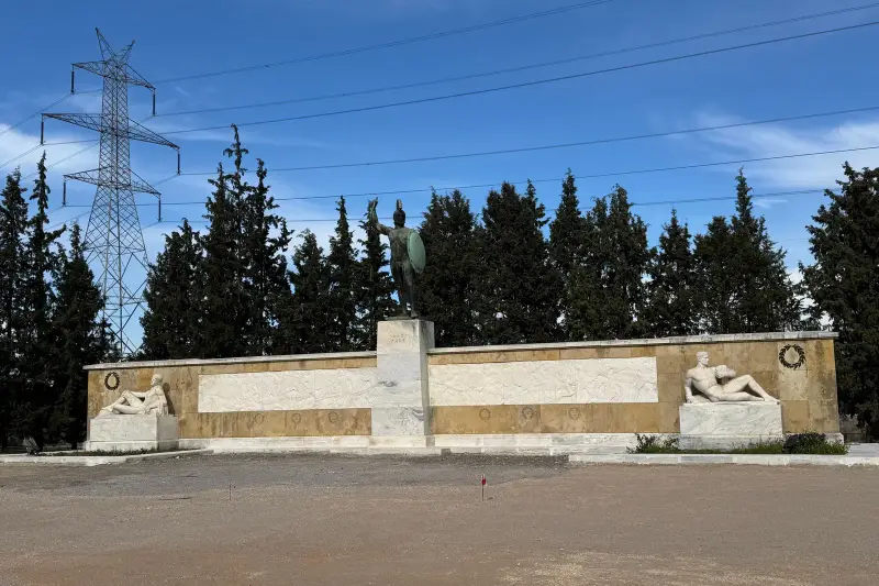 The Leonidas Monument, a bronze statue of the Spartan king atop a marble wall flanked by carved reclining figures