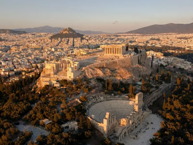 The Acropolis rising above the rooftops of central Athens