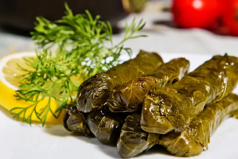 Stuffed grape leaves (dolmades) plated with a lemon wedge and a sprig of dill